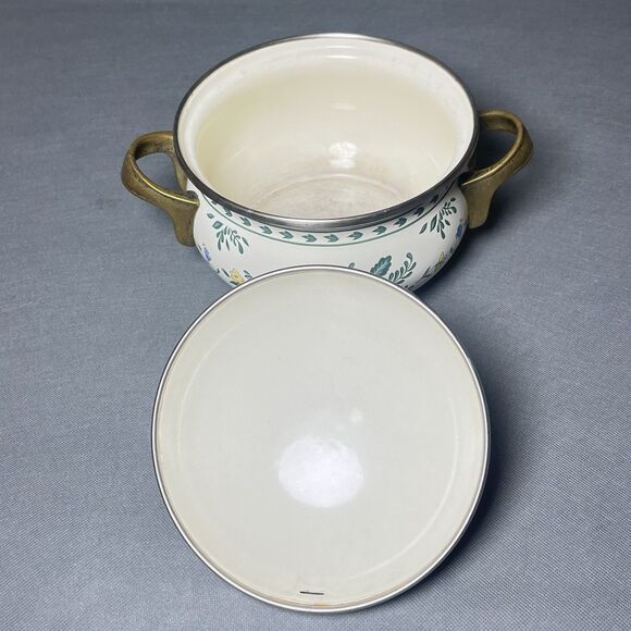 Vintage Kamenstein Dutch Oven W/Lid Enamel & Brass Cookware Floral 2 Quart Pot - Picture 11 of 11